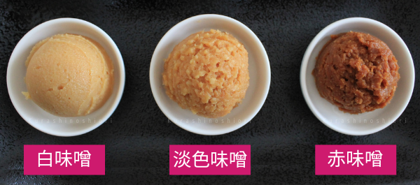 白味噌・淡色味噌・赤味噌をそれぞれ皿に出した画像。白味噌は白っぽい薄茶色で見た目がなめらか。淡色味噌は一般的な味噌の色である薄い褐色。赤味噌は、赤みがかった濃い茶色(赤褐色)。