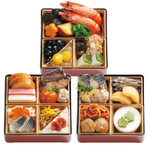 らでぃっしゅぼーや福来の画像。三段重に海老や伊達巻などさまざまな食材が詰められている