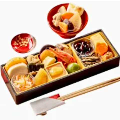 イシイの迎春小箱の画像。一段重のほか、お雑煮と祝箸が付いている。