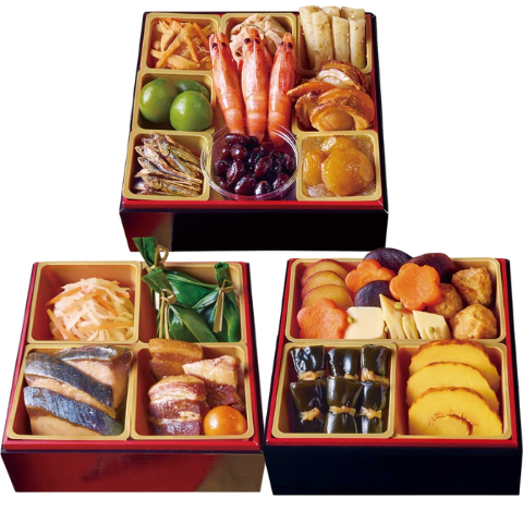 塩ぬき屋の減塩おせちの画像。三段重にさまざまな食材が詰められている
