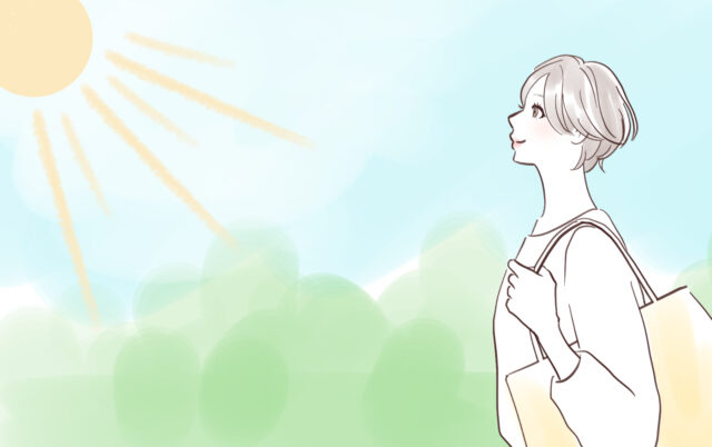 日光を浴びている女性のイラスト。