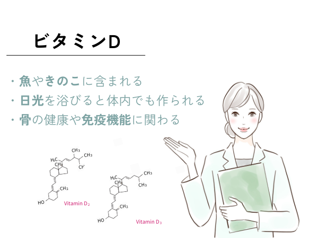 ビタミンDの概要を示したオリジナルイラスト。ビタミンDは魚やきのこに含まれる、日光を浴びると体内でも作られる、骨の健康や免疫機能に関わる、と書かれている。